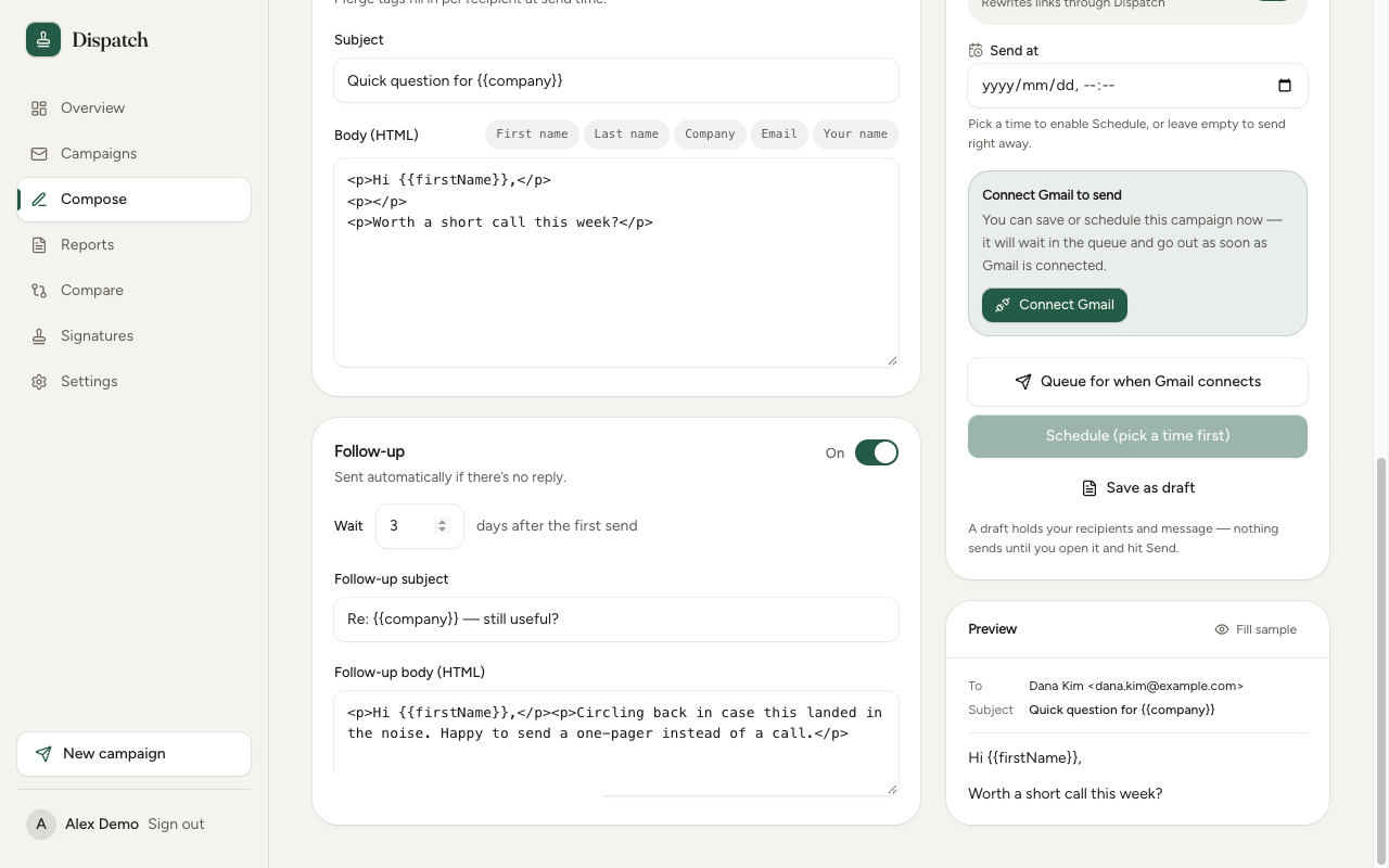Dispatch composer with audience, message, follow-ups and delivery settings